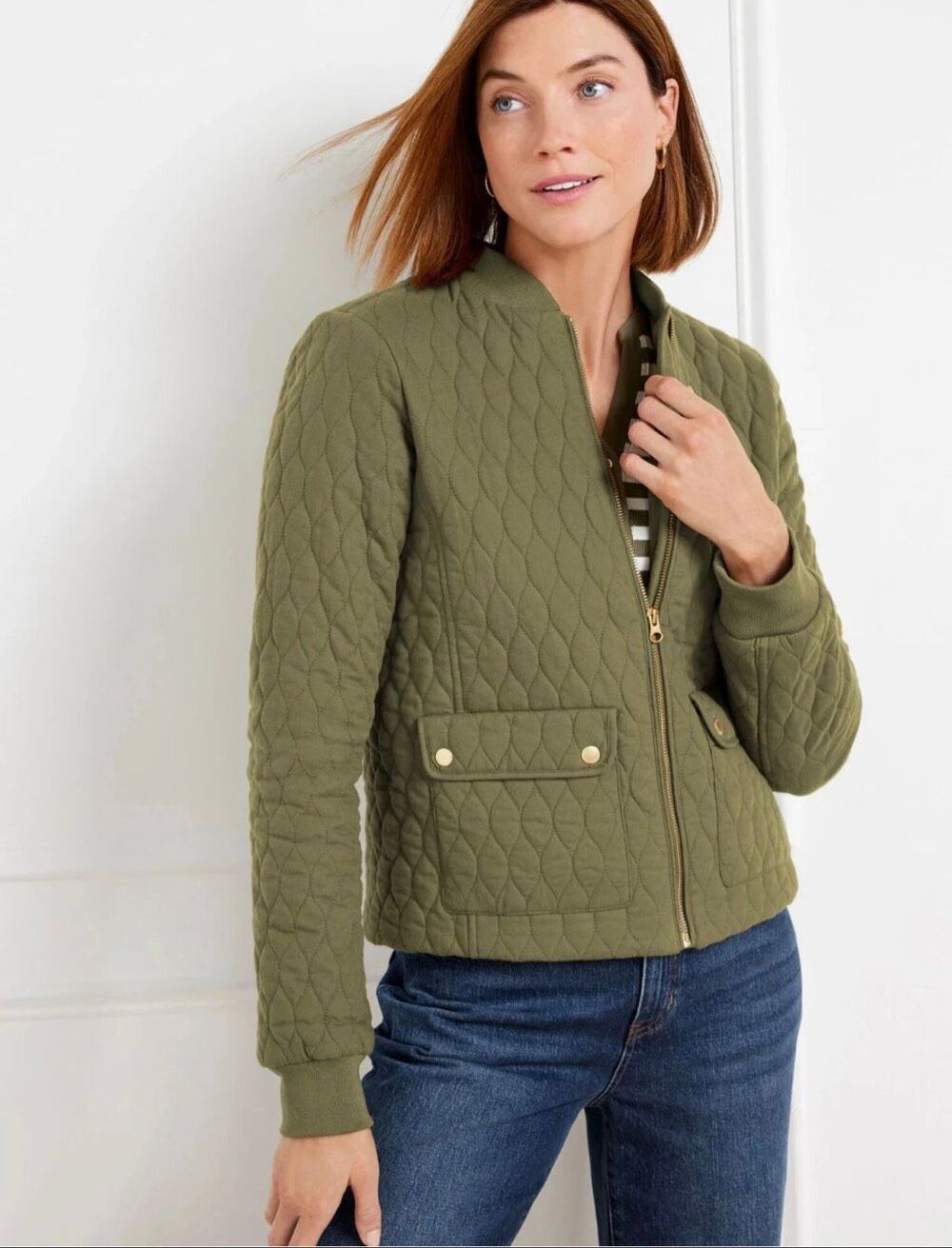 Talbots Women's Quilted Full Zip Floral Lined Bomber Jacket Olive Green L NEW